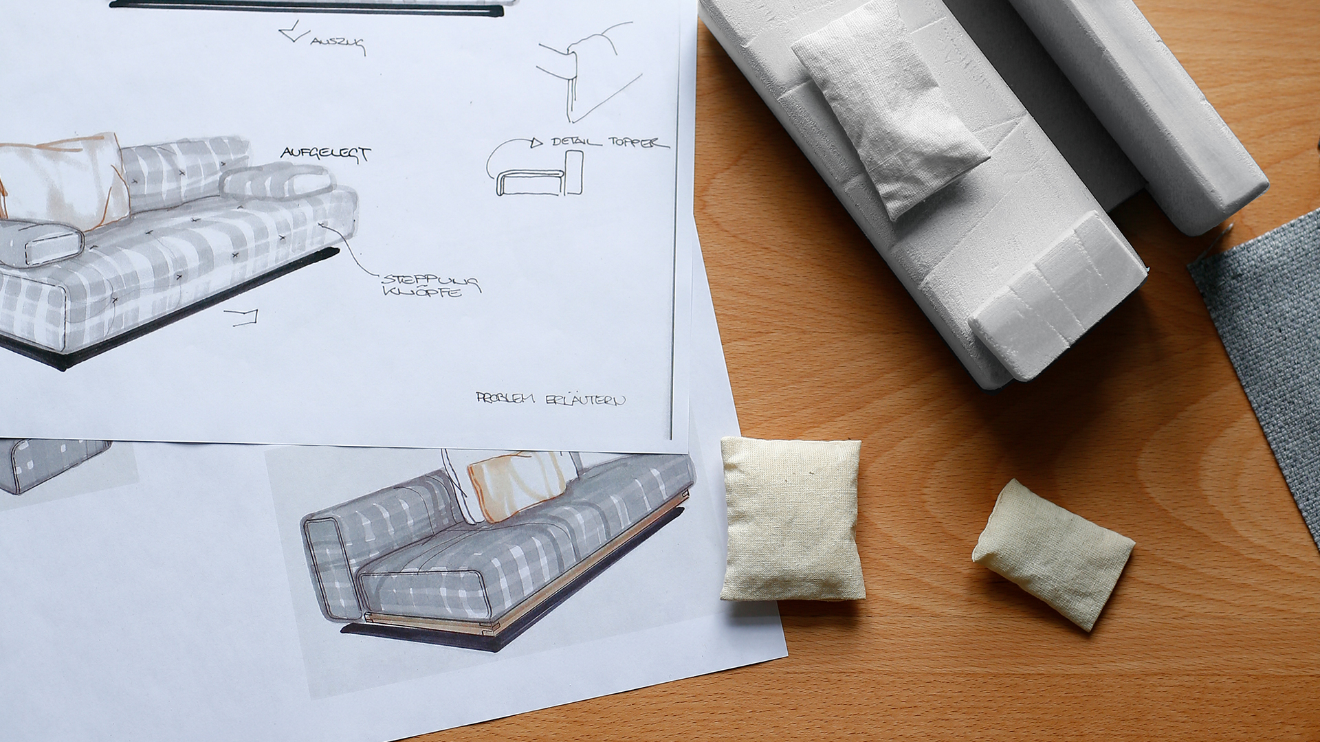Skizzen und Prototypen von einem Schlafsofa