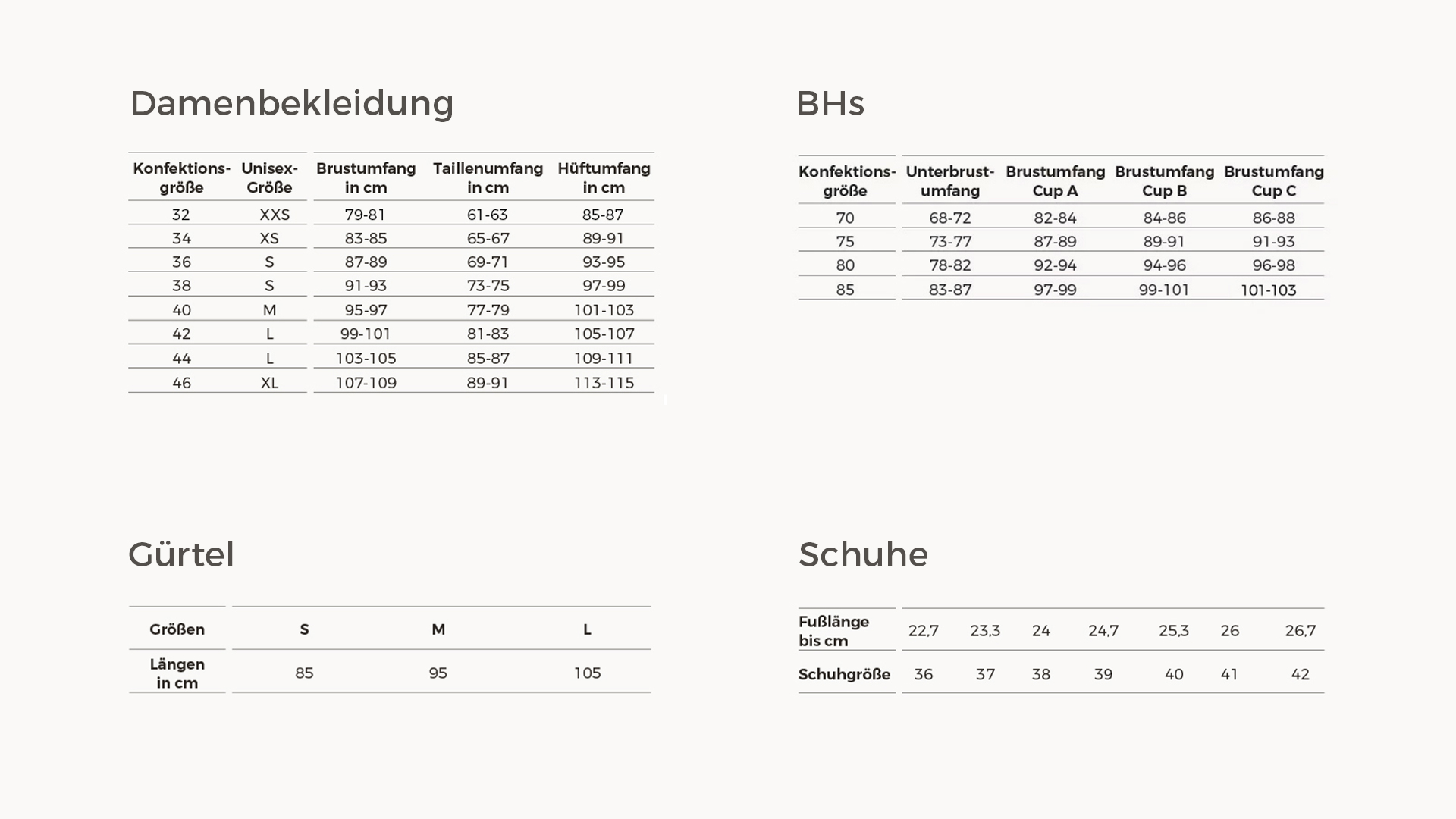 Größen Tabelle für die Grüne Erde Kleidung