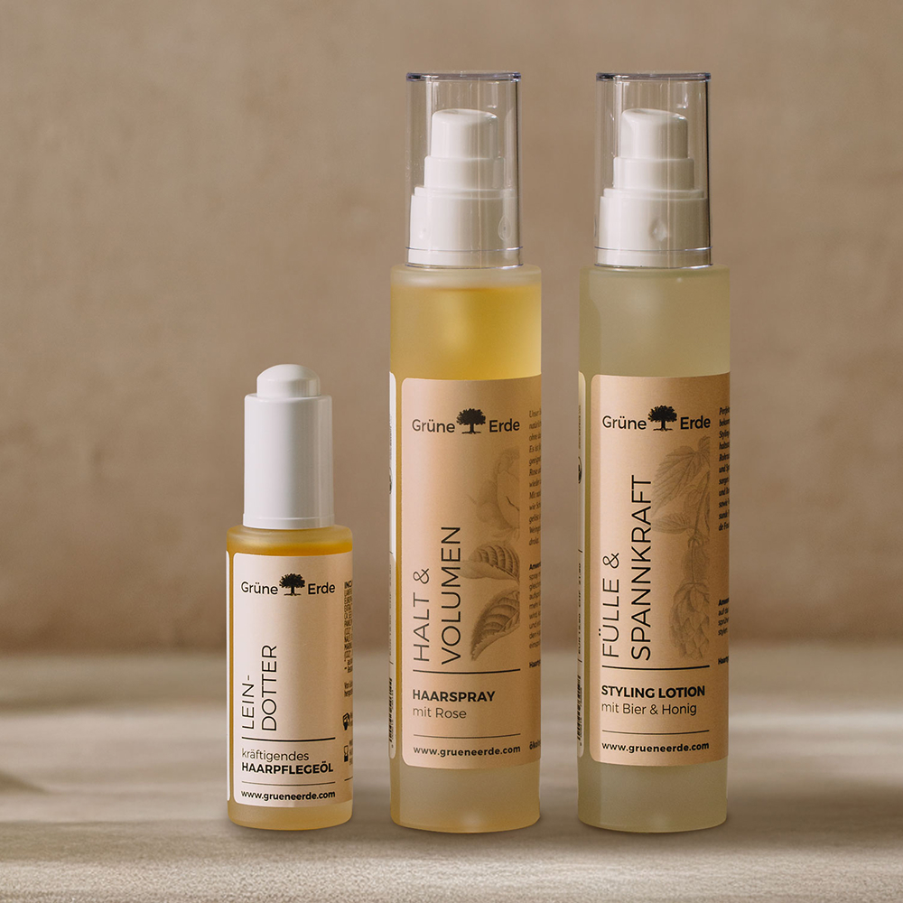 Haarpflegeöl, Haarspray und Pflege Lotion mit natürlichen Inhaltsstoffen